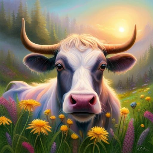 Cute Cow in Wildflower Field, Ethereal Fantasy Art