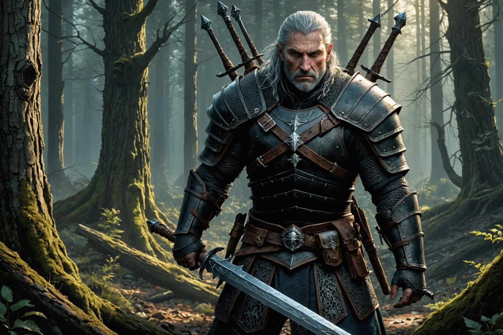 Witcher in Ancient Forest: Detailed Fantasy Painting