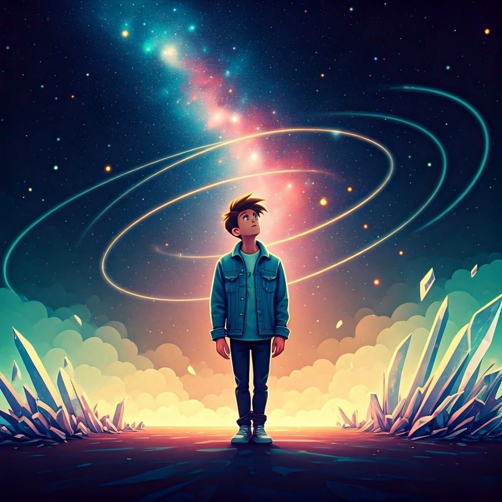 Timmy Stands in Cosmic Wonder Beneath Twinkling Stars and Gl...