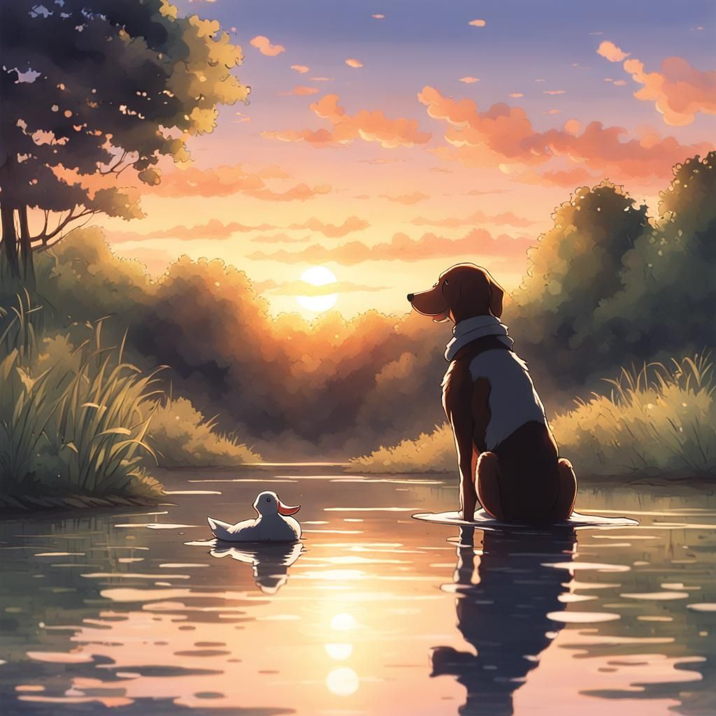 Duck and Dog at Sunset in Anime Style