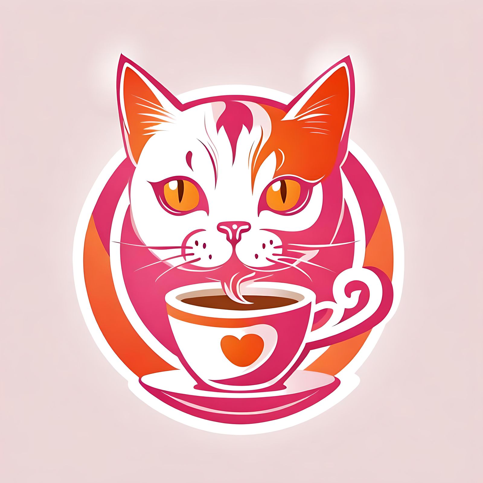 Perfect, graphically designed logo with stylized cat head and coffee cup in pink-orange on white background. Perfectly d...