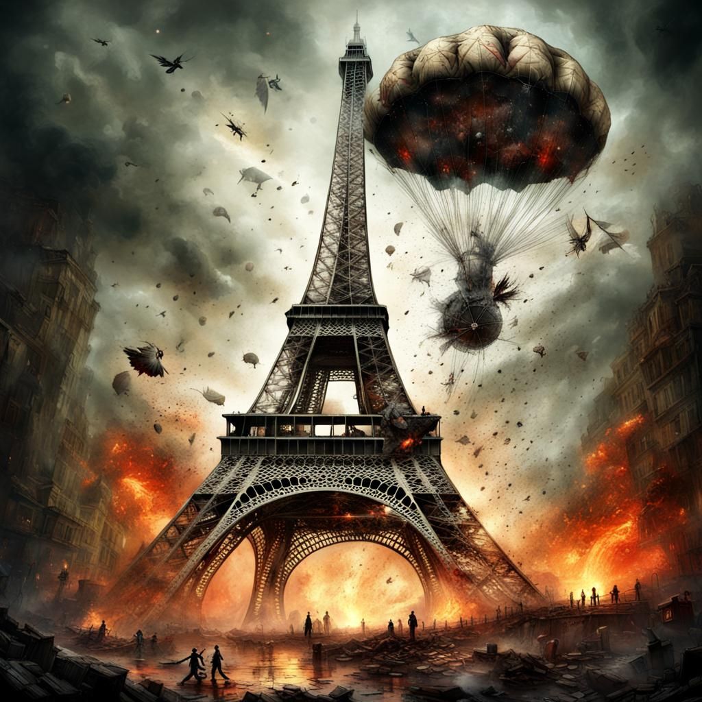 Eiffel Tower Explodes: Horror Art Style