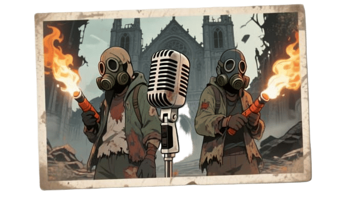 Vintage Gas Masked Figures with Flamethrowers in Anime Style