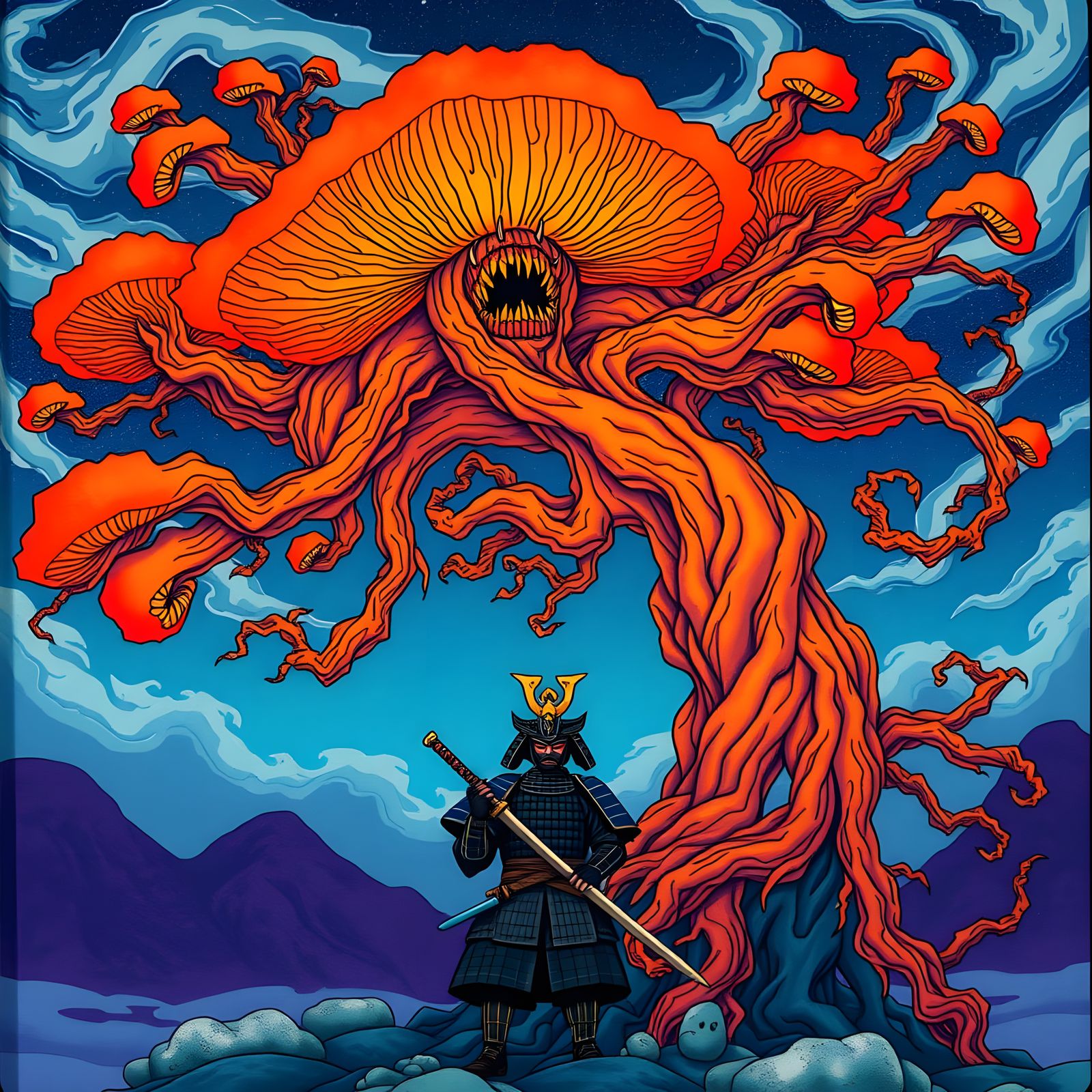 Samurai Under Vibrant Orange Mushroom Tree in Ukiyo-e Style