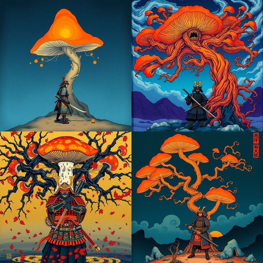 Samurai Under a Vibrant Orange Mushroom Tree in Ukiyo-e Styl...