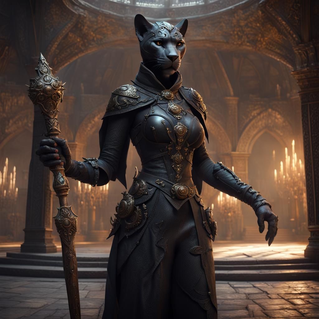 Panther Humanoid in Medieval Temple, Dark Fantasy Art