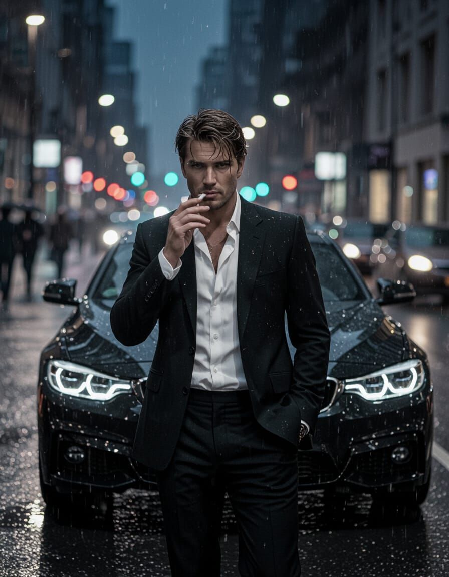 Cinematic Portrait of a Man with BMW in Rainy City