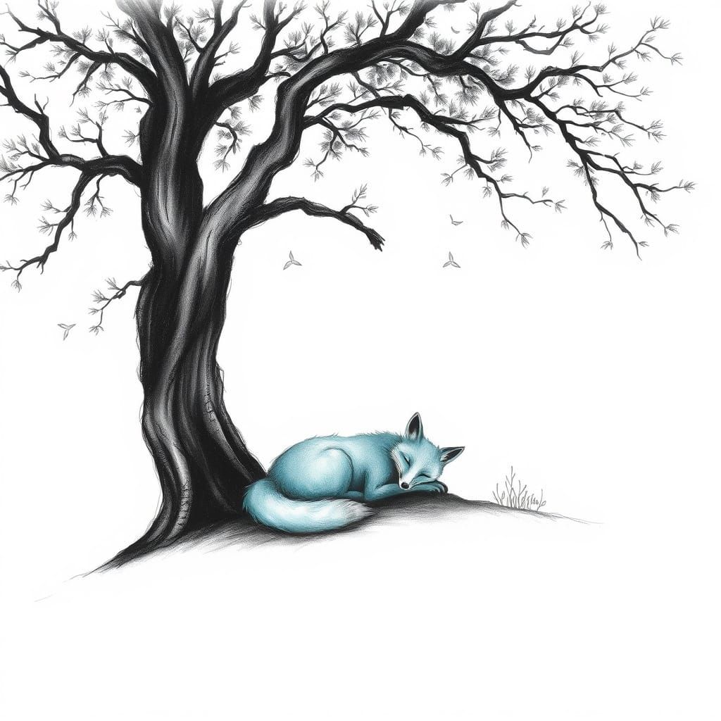 A turquoise fox sleeps peacefully beneath a gnarled tree, it...