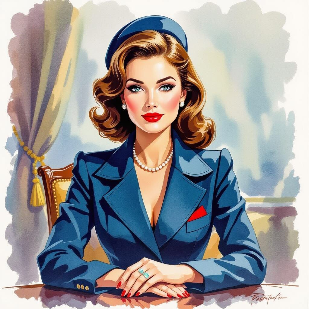 Beautiful Russian Spy in Detailed Gouache Painting