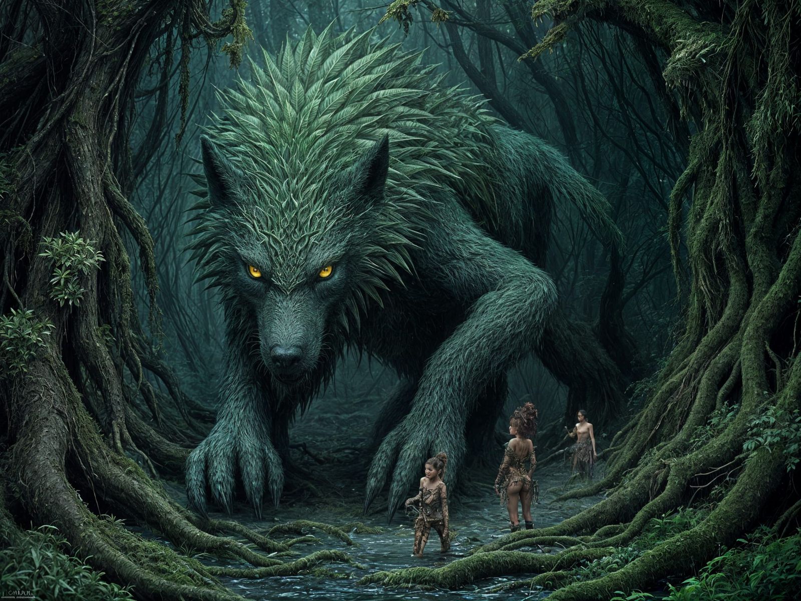 Moss Wolf and Natives: Intricate Ink Illustration