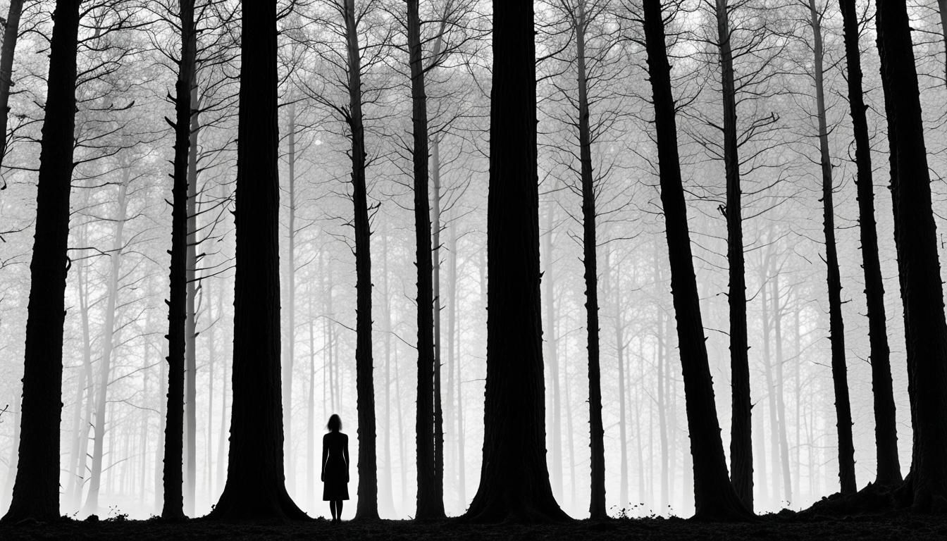 Monochrome Silhouette of Woman in Woods