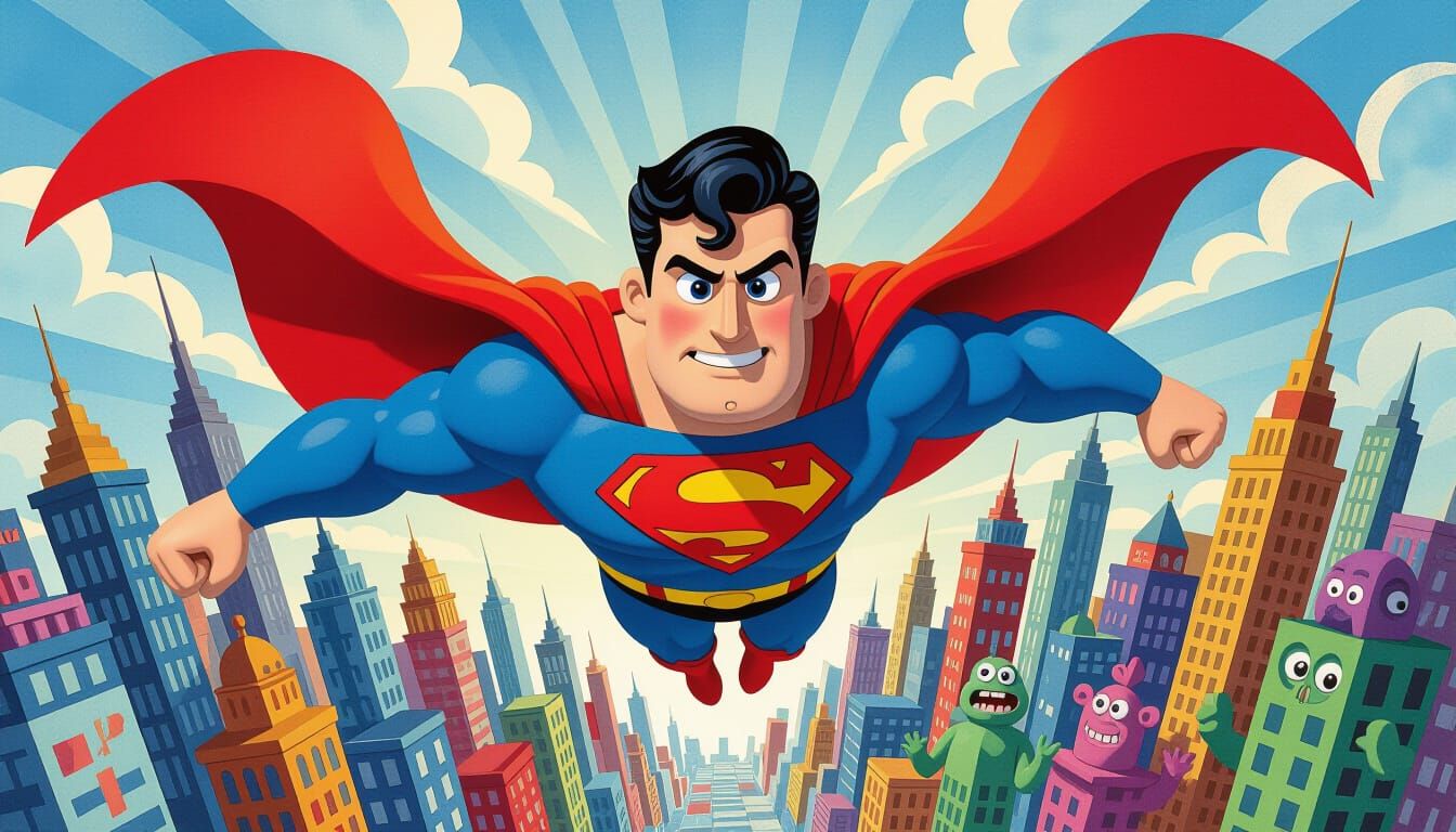 Superman Soaring Over Metropolis as Comic Book Art