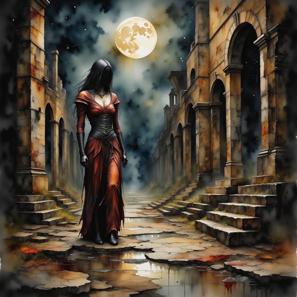 Mystical Moonlit Ruins: Old Master Painting