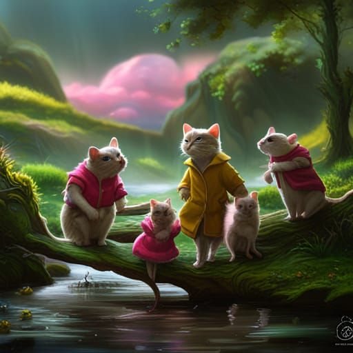 Teamwork: Kawaii Cat and Mice in Pink Tutus