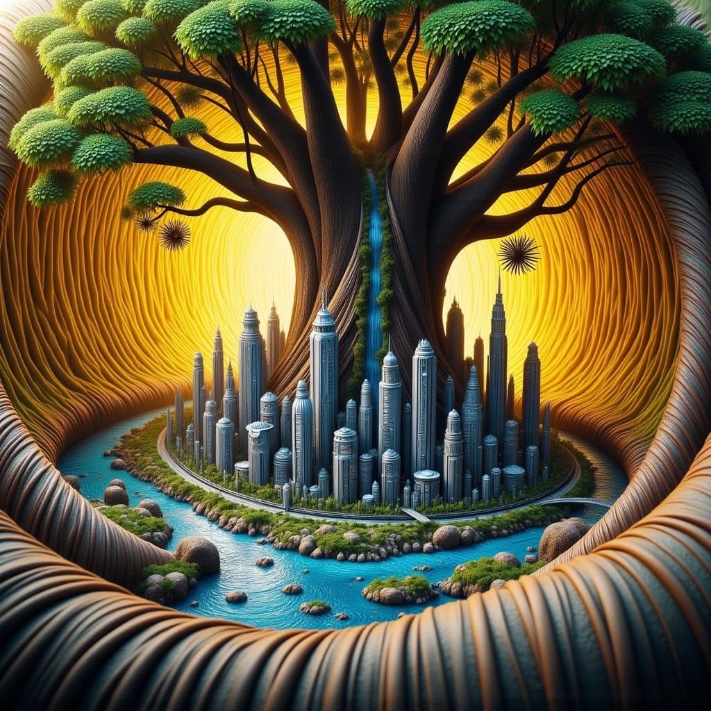 Whimsical Banyan Tree with Miniature Los Angeles