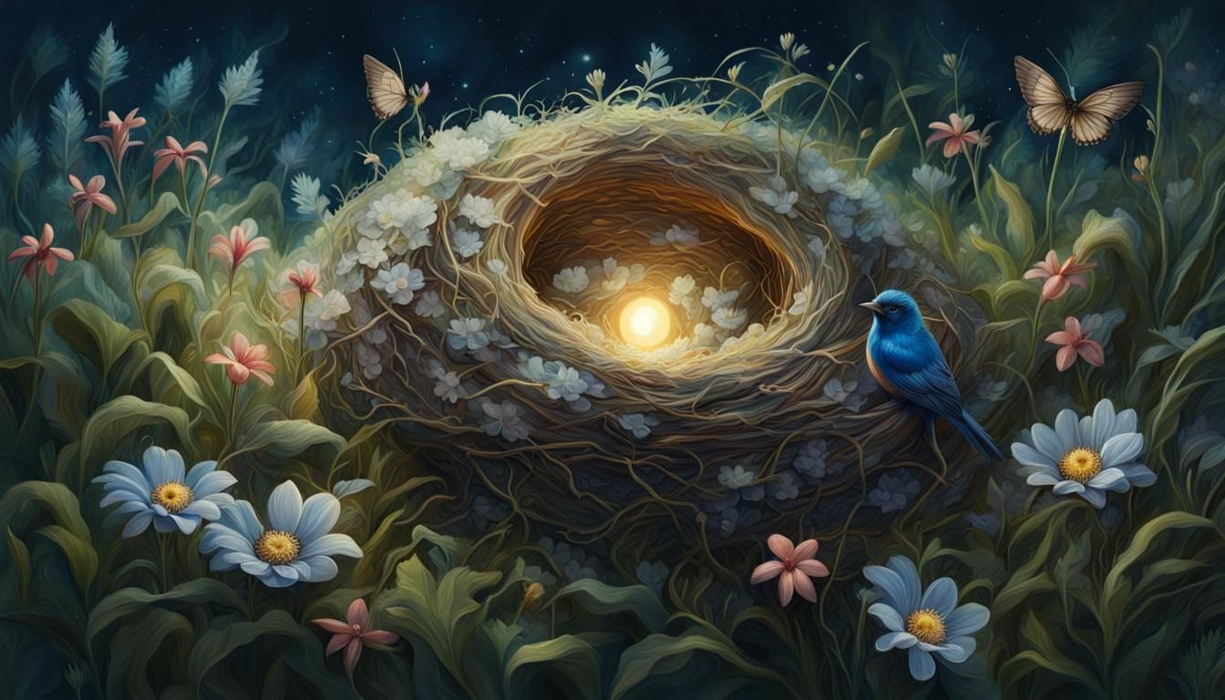 Ornate Bird Nest in Moonlit Flower Meadow Painting