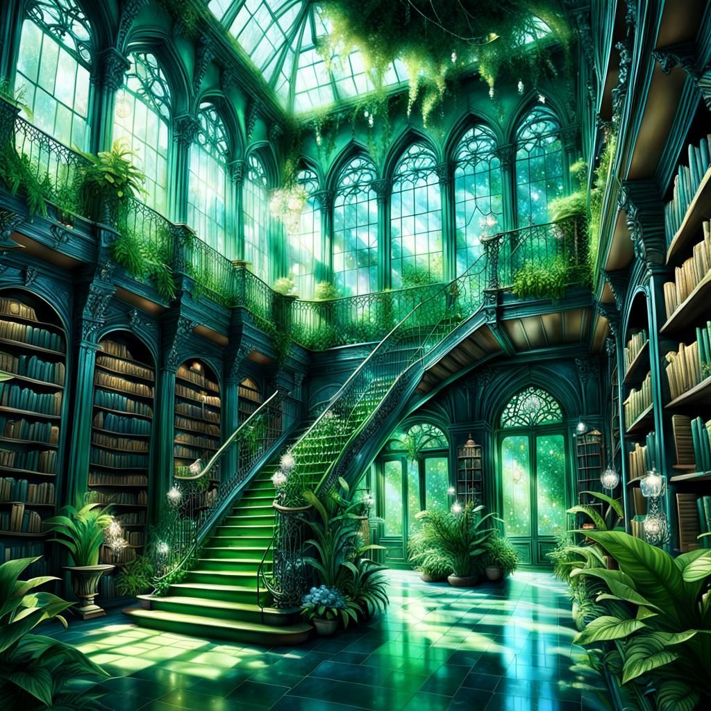 Lush Elven Library Interior in Hyperrealistic Detail