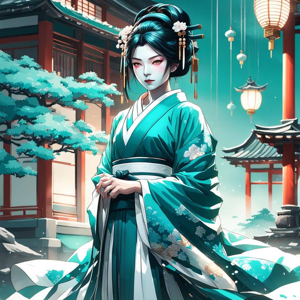 Geisha in Hikizuri at Japanese Temple, Digital Art