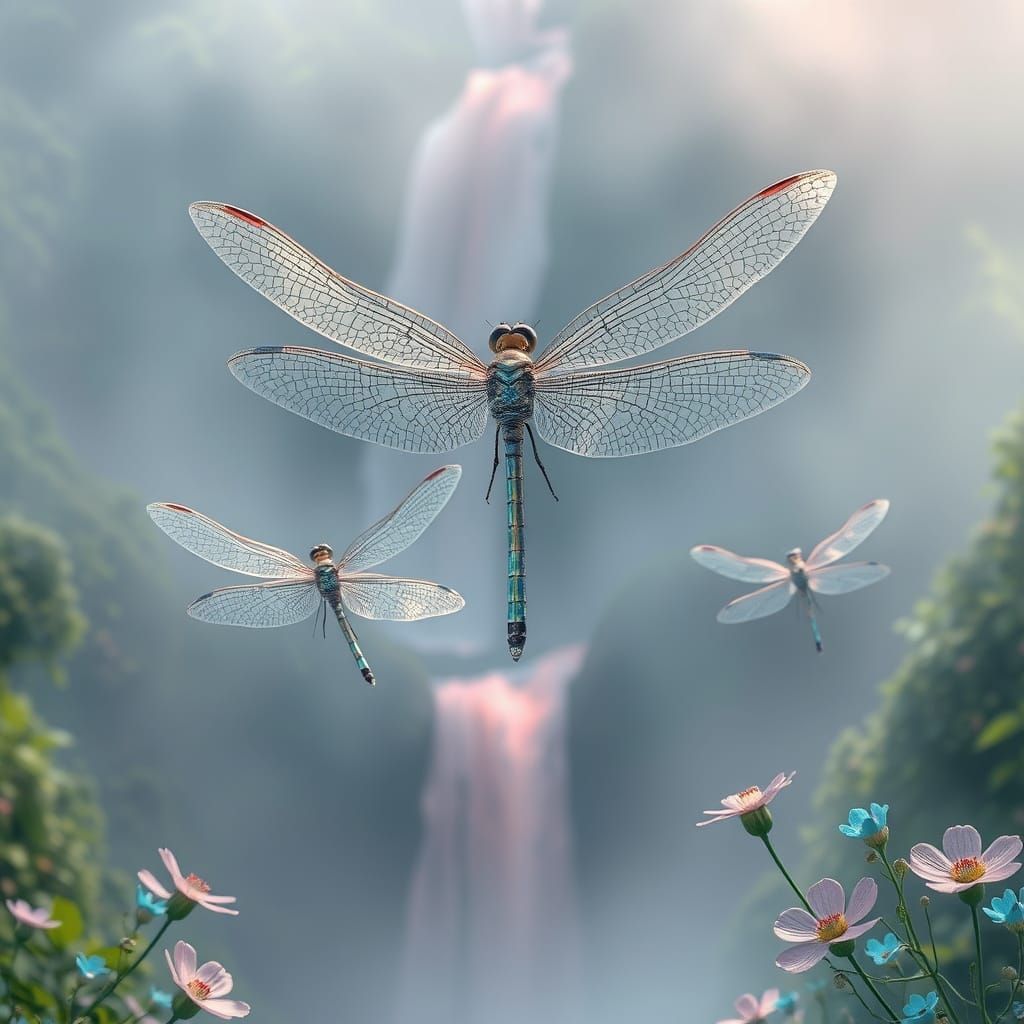 Crystal Dragonflies Hovering Above Misty Valley