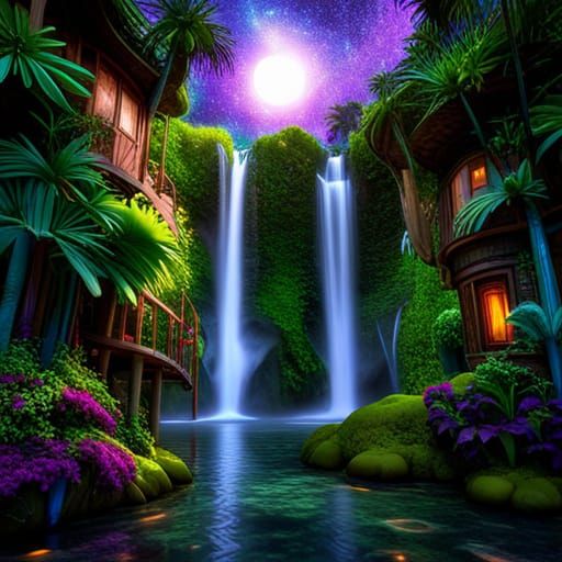 Magical Oasis: Treehouse in a Starry Fairy Tale Landscape