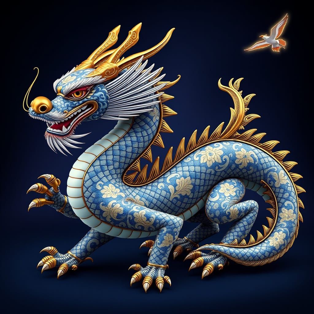 Majestic Oriental Dragon in Baroque Porcelain Style