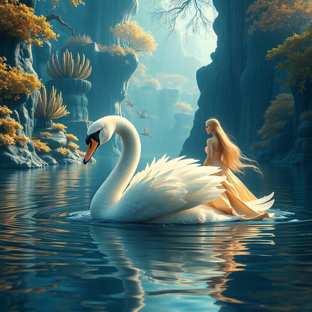 Ethereal Princess and Swan in Vibrant Fantasy Landscape