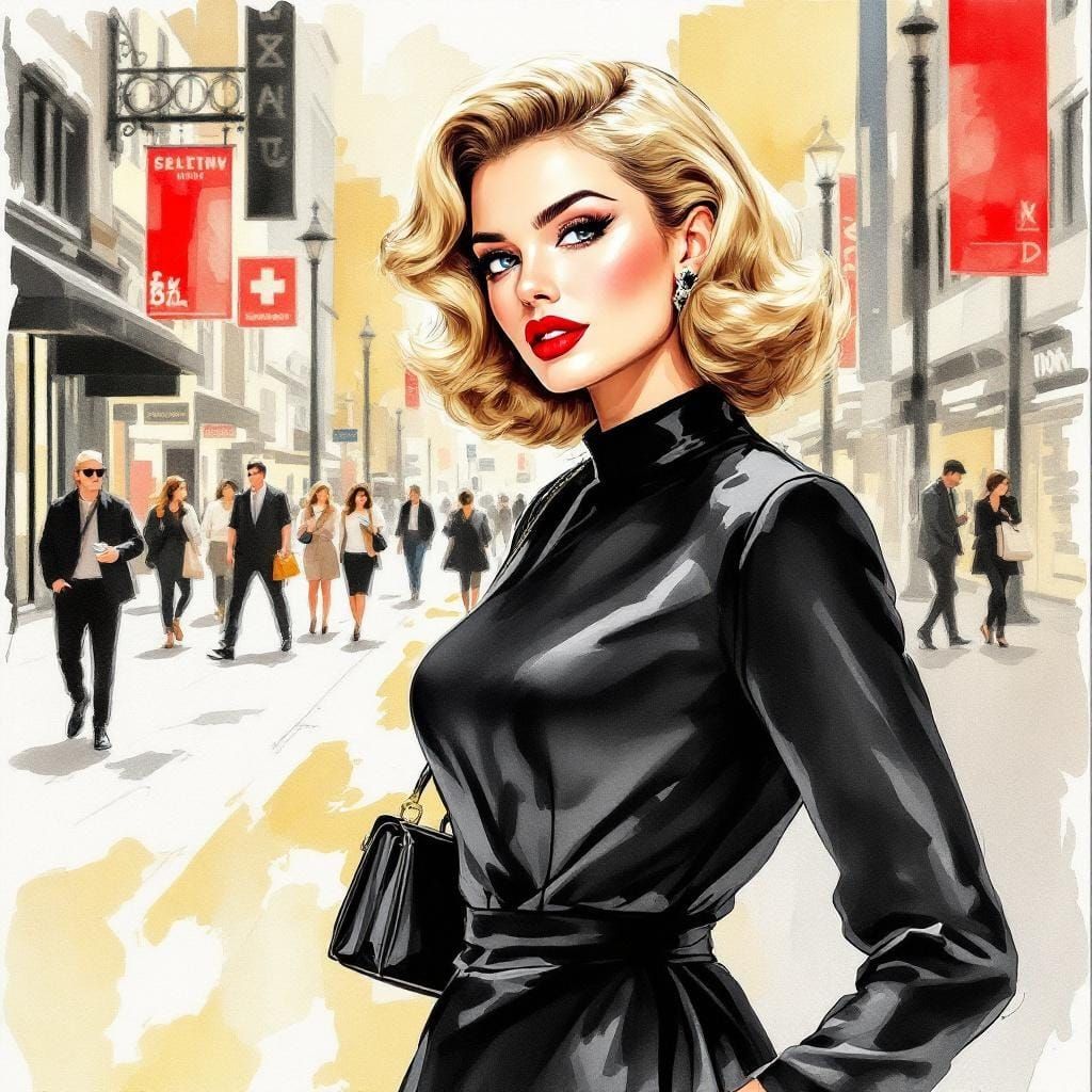 Elegant 1950s Pin-Up in Watercolor Fashion Illustration