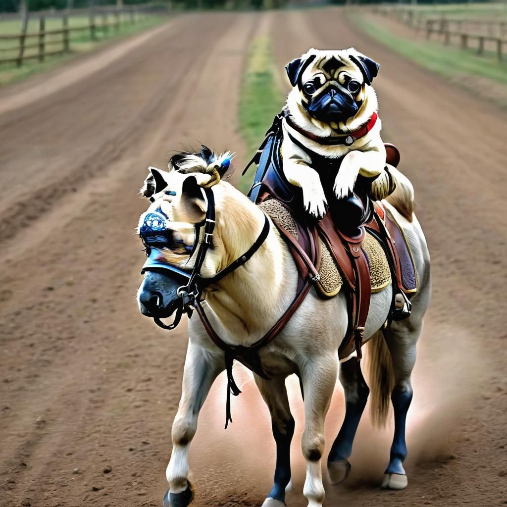 A pug on a horse.