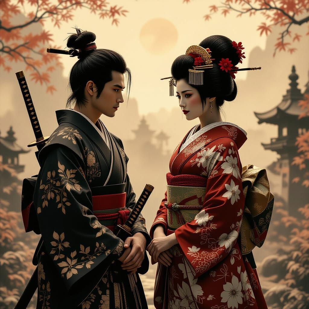 Sepia Warrior Geisha in Fantasy Matte Painting