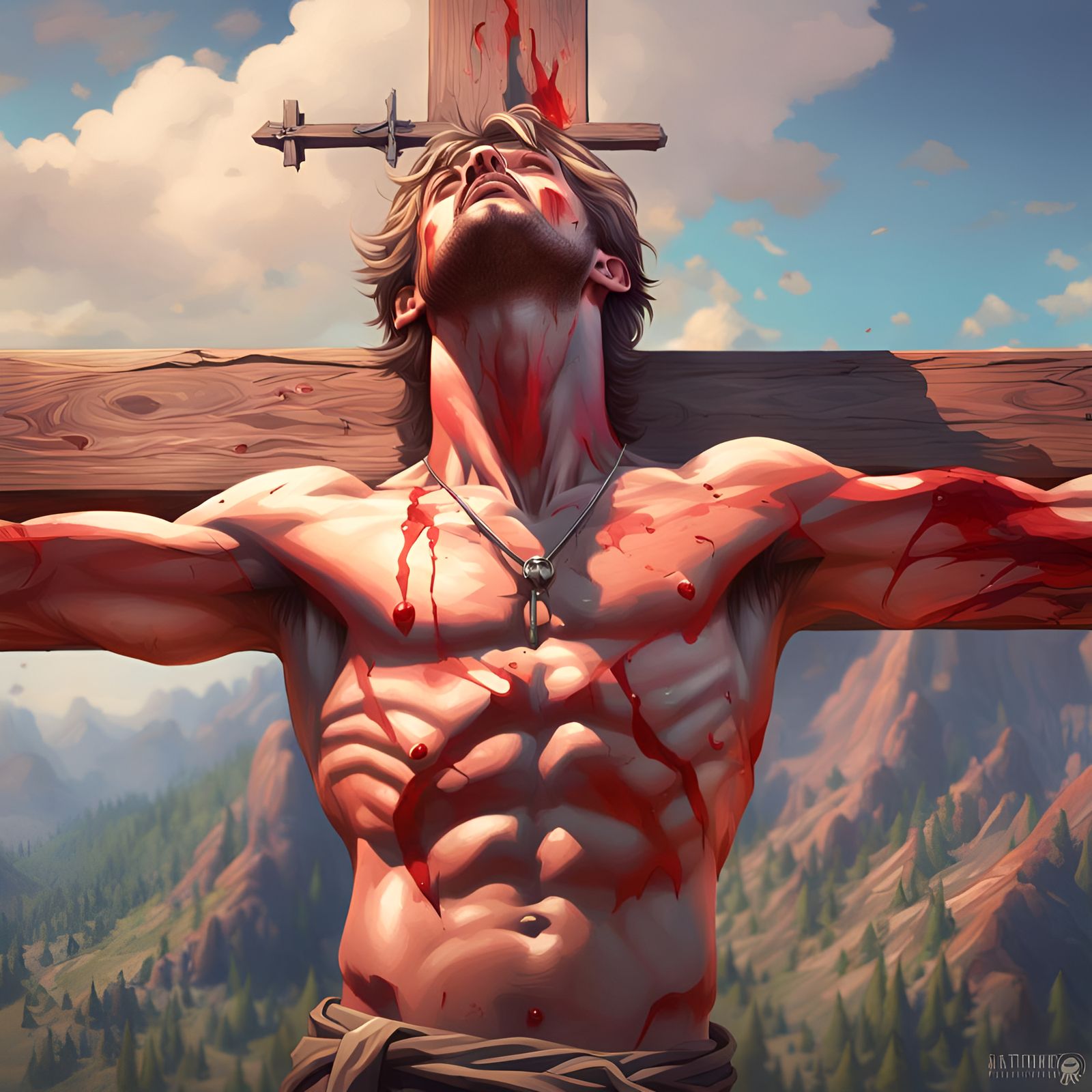 Crucified Man in Mountain: Hyperdetailed Portrait