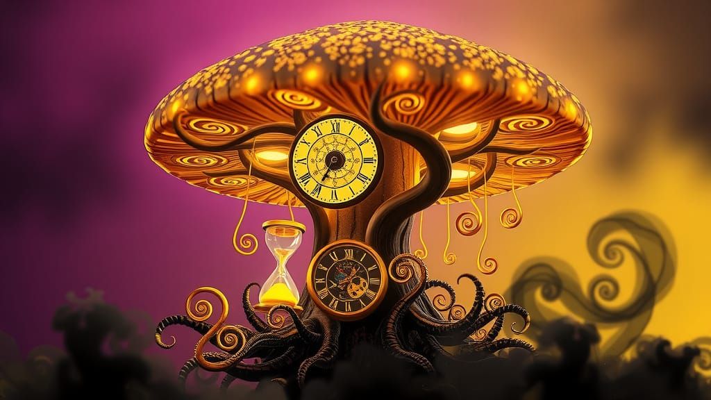 Guardian of Time: A Bioluminescent Mushroom Realm