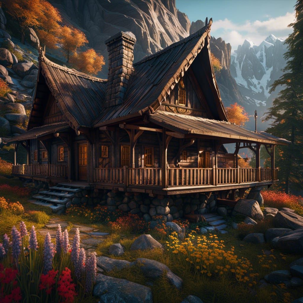 Mountain Cabin in Detailed Matte Painting Style