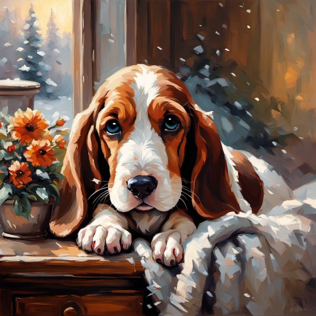 Cozy Basset Hound Puppy Napping in Winter Scene