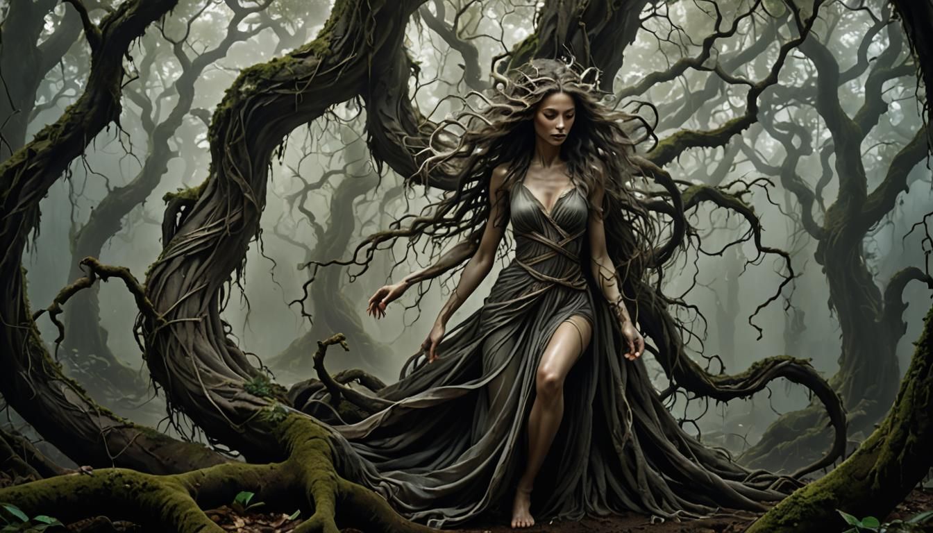 Mystical Forest Woman Transforms into Tree Art