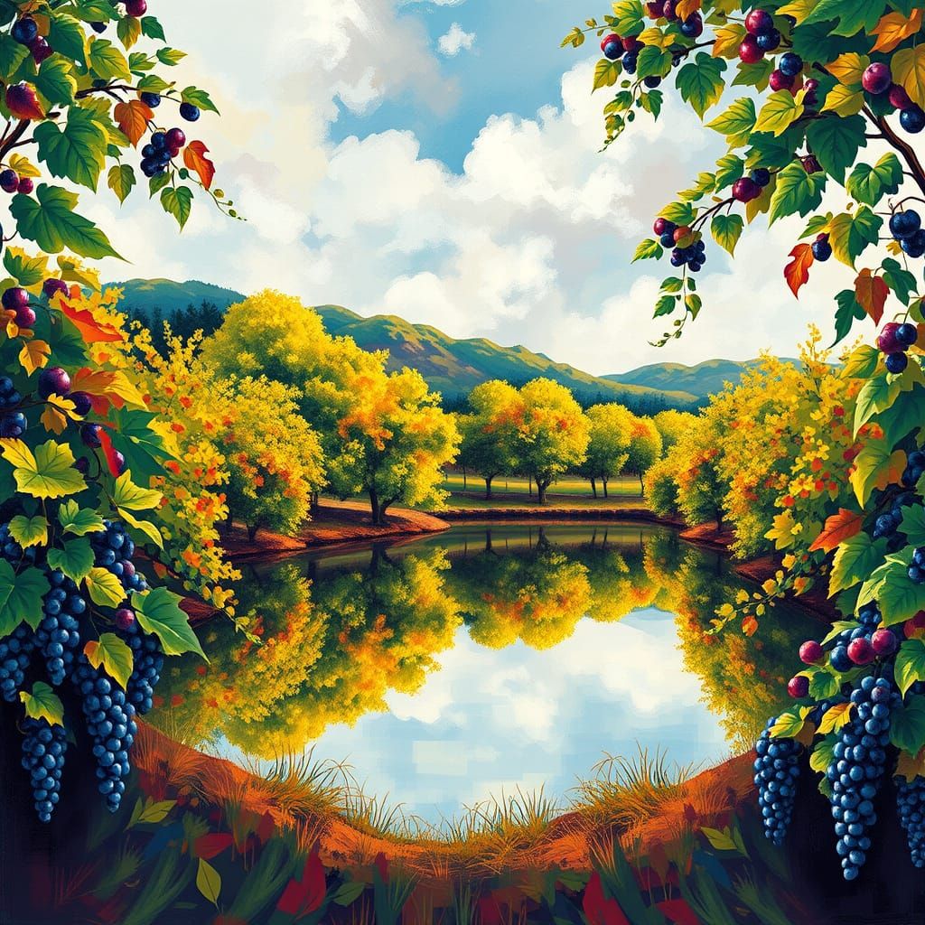 Luminous Lake Reflects Vibrant Vineyards