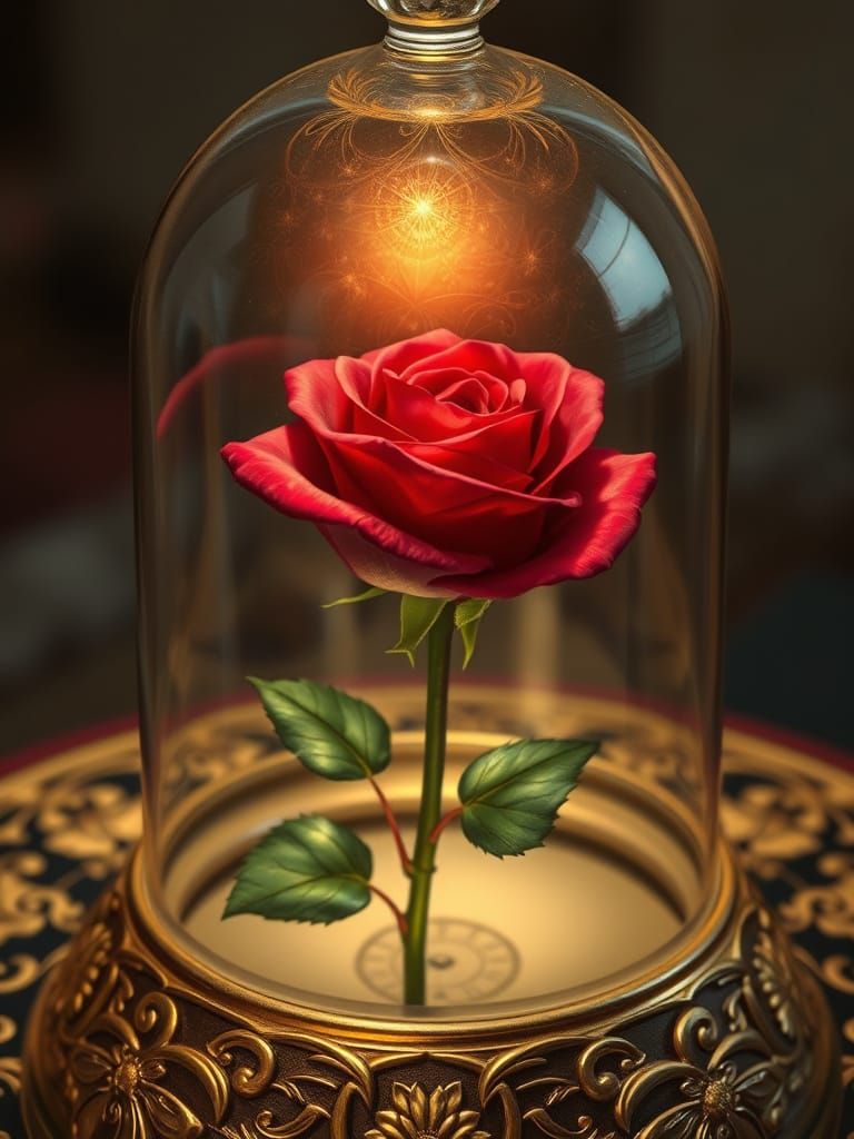 Red Rose Under Glass Dome with Golden Light
