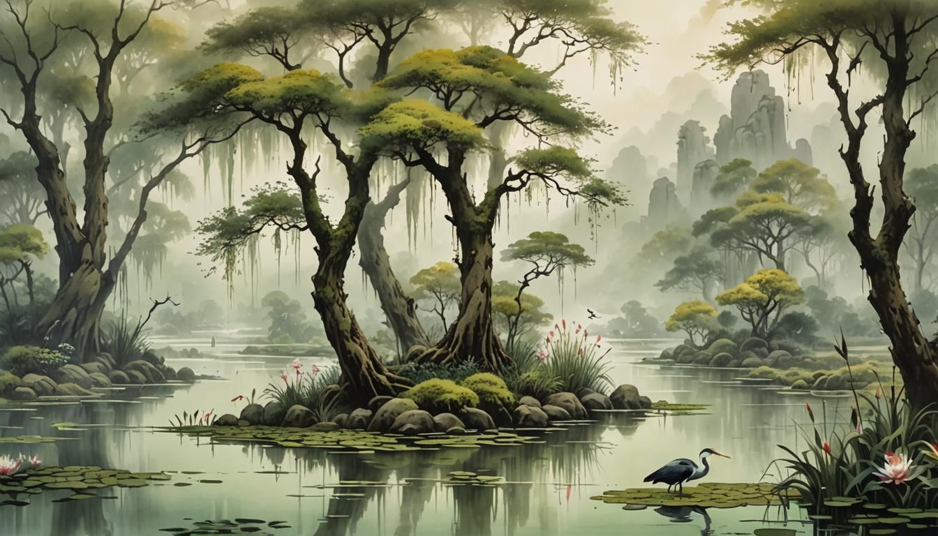 Chinese Ink Art: Swamp with Heron and Water Lilies