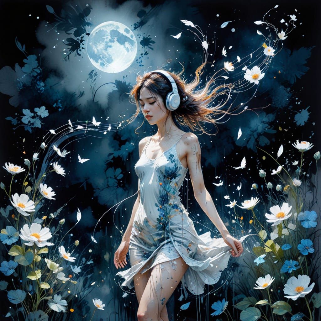 Dreamlike Japanese Woman in Moonlit Garden as Watercolor
