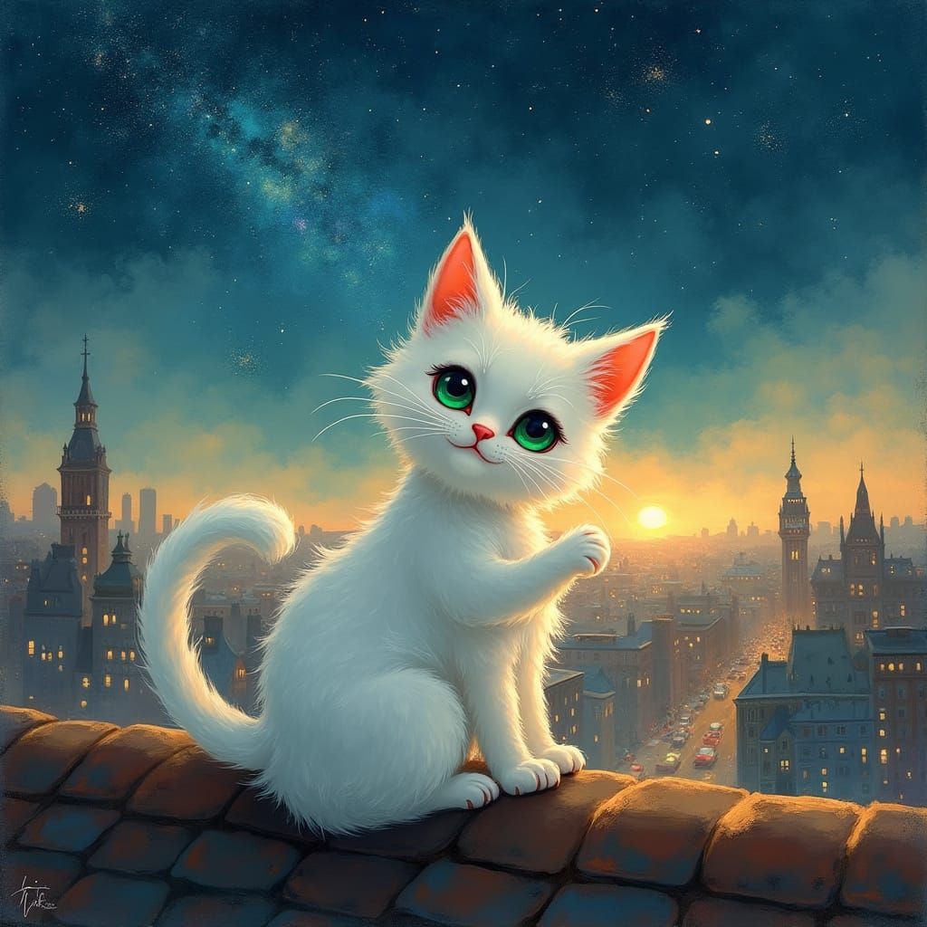 Whimsical Kitten Embracing Under Starry Night Sky with Citys...