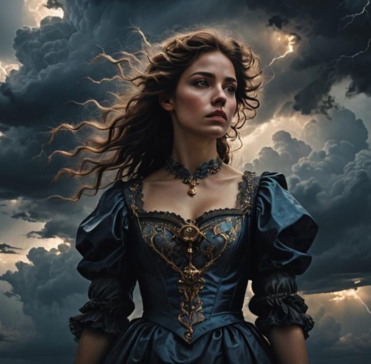 Girl with Tiffany-Lamp Skin Against Dark Clouds in a Tintore...