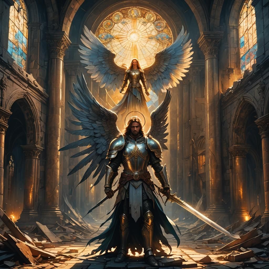 Guardian Angel in Ruined Cathedral: Dark Fantasy Art
