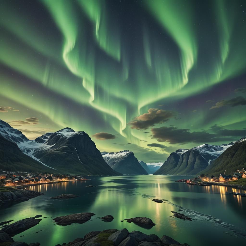 Epic Aurora Borealis Over Norwegian Fjord Landscape