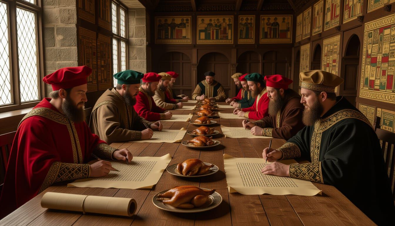 Medieval Banquet Scene with Scribe, in Simon Bening Style