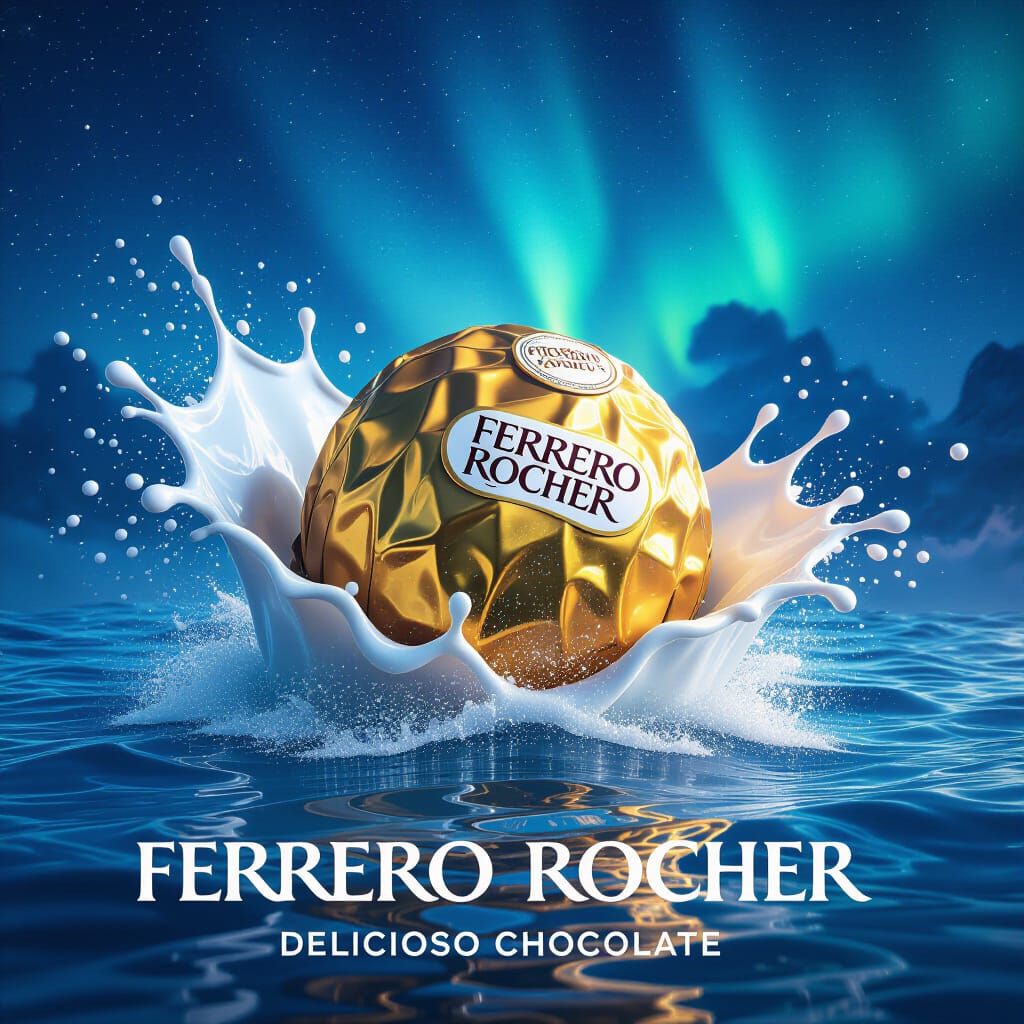 Giant Ferrero Rocher Splashes from Milk Ocean Under Aurora S...