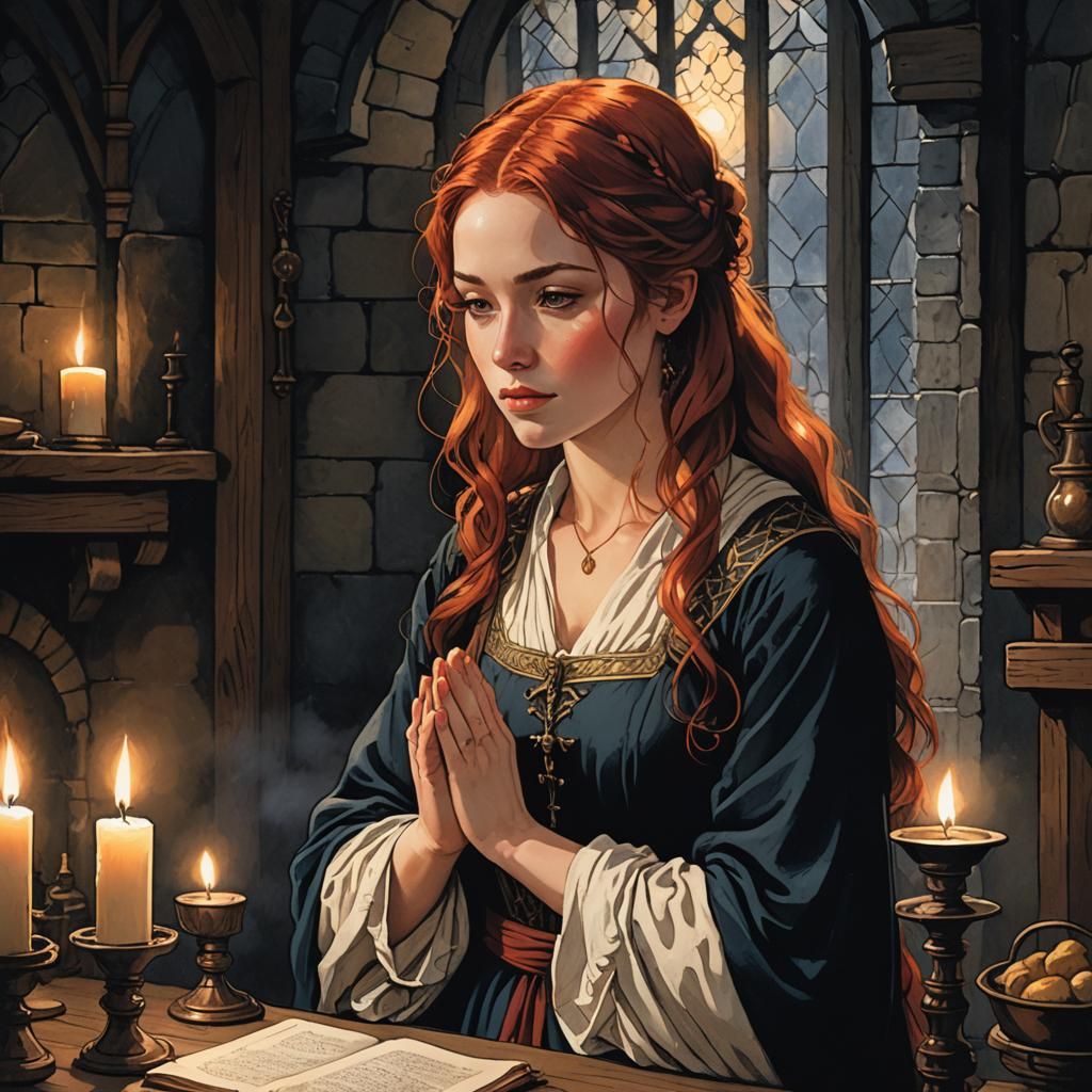 Medieval Woman Praying by Candlelight: Romantic Illustration