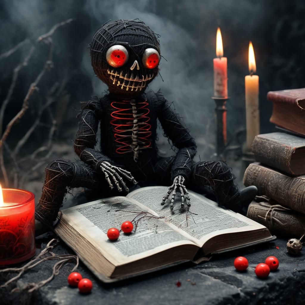 Creepy Voodoo Doll Leaning Against Gravestone