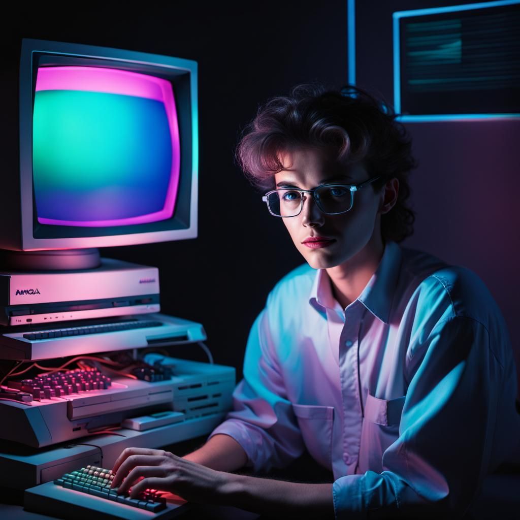 Vaporwave Computer Nerd at Amiga 500