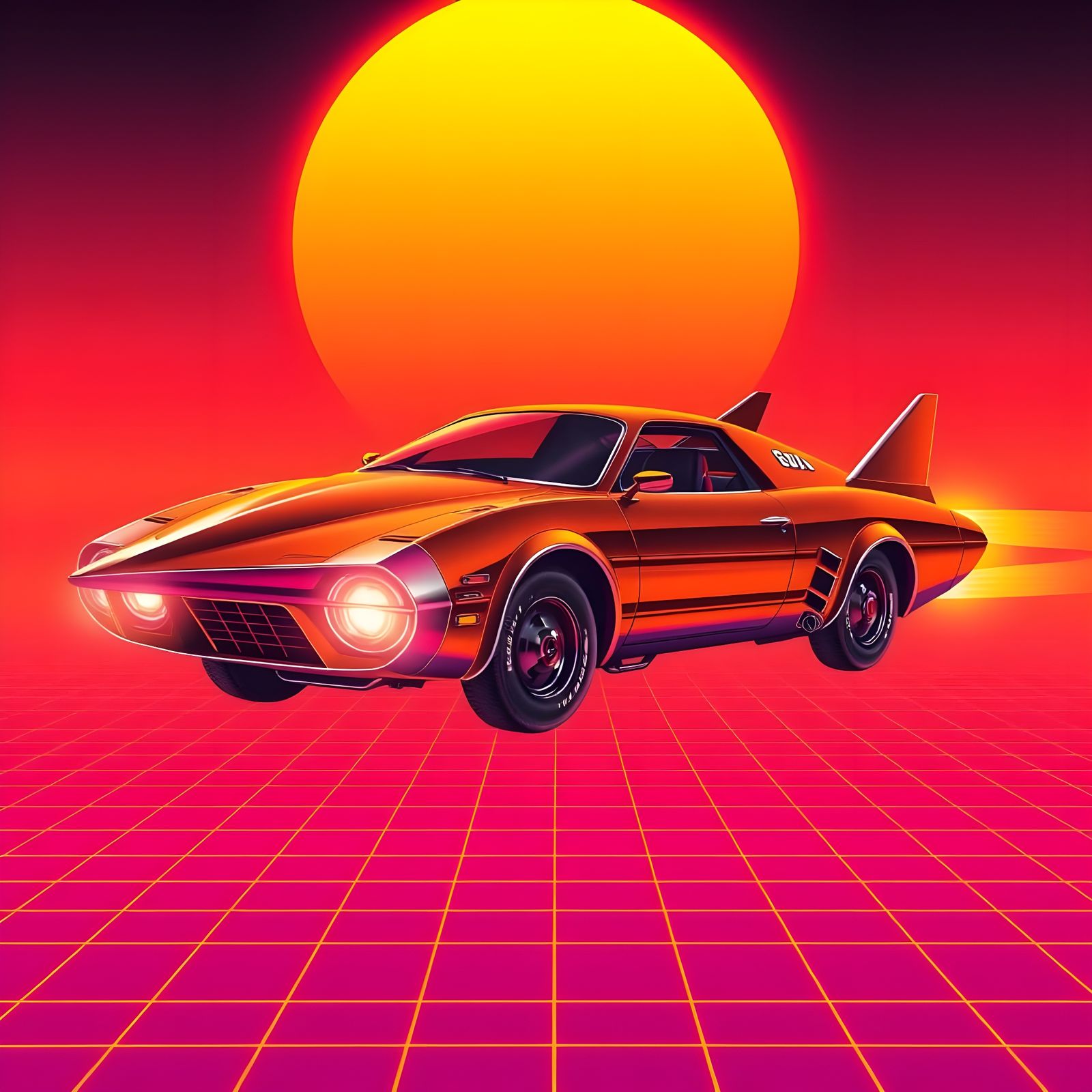 Retro Rocket Car on Neon Grid Moonscape