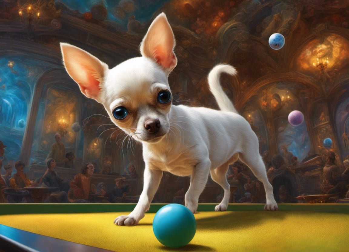 Chihuahua playing pool at the club, choosing the shot