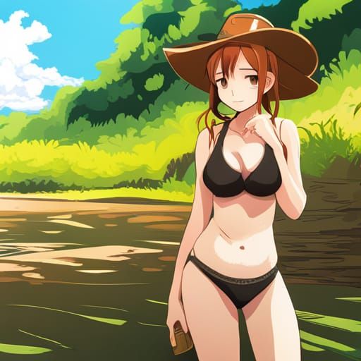 Redhead Cowgirl in Bikini: Studio Ghibli Anime Style